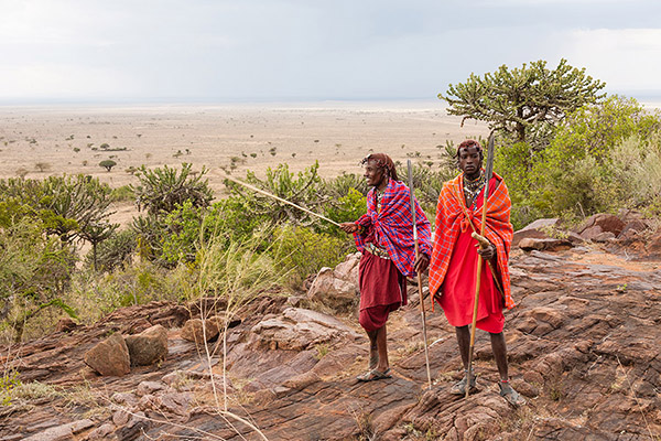 Two Masai warriors standing and looking away, soft focus
